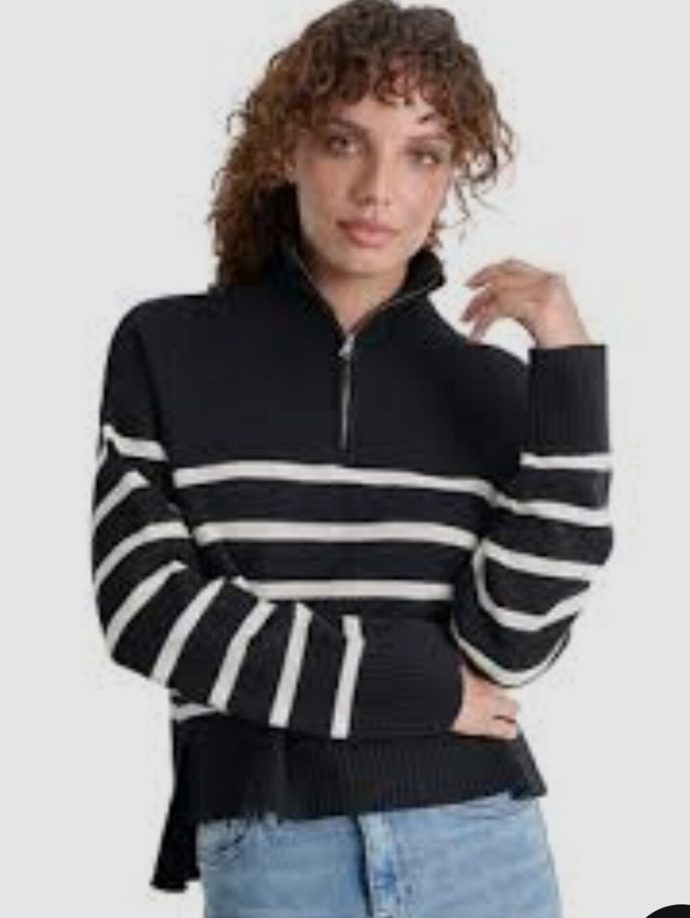 DKNY Black & White Striped Half-Zip Turtleneck Sweater